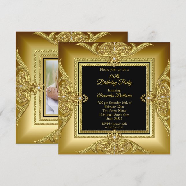 Elegant Birthday Party Photo Black Gold Frame Invitation (Front/Back)
