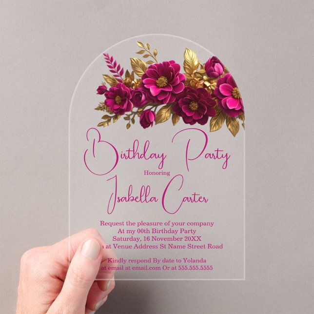 Elegant Birthday Party Pink Gold Flowers Acrylic Invitations (Creator Uploaded)