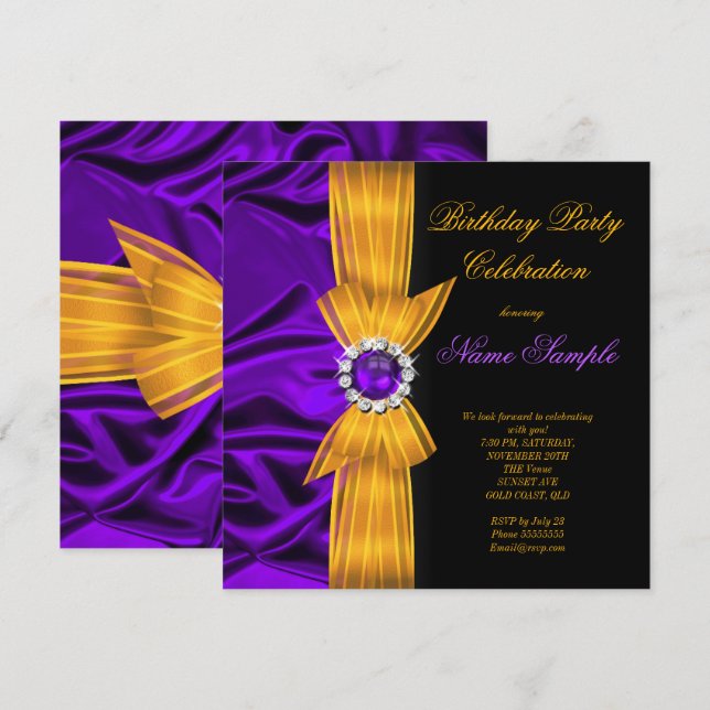 Elegant Birthday Party Purple Silk Yellow Orange 2 Invitation (Front/Back)