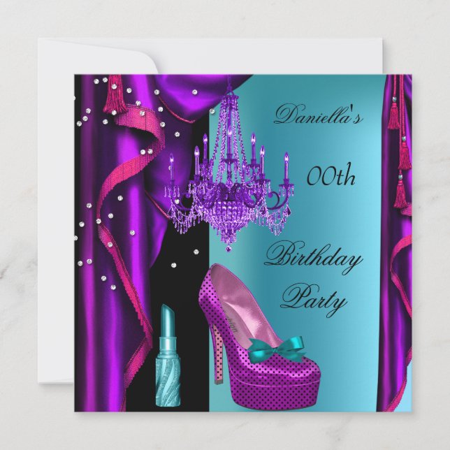 Elegant Birthday Party Purple Teal Black Lipstick Invitation (Front)