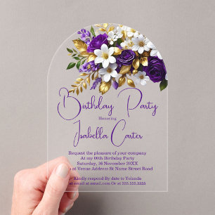 Elegant Birthday Party Purple White Gold Floral Acrylic Invitations