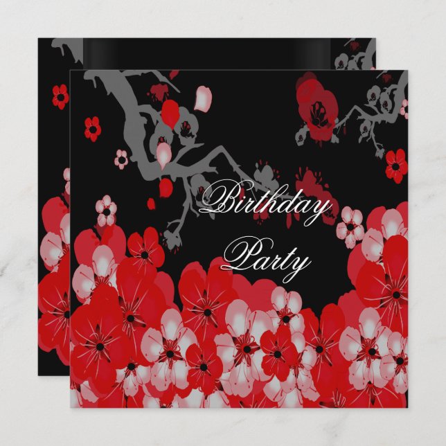 Elegant Birthday Party Red Black Asian Blossom Invitation (Front/Back)