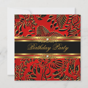 Elegant Birthday Party Red Black Gold Damask Invitation