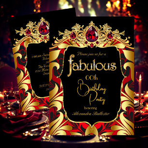 Elegant Birthday Party Red Gold Black Damask Gems Invitation