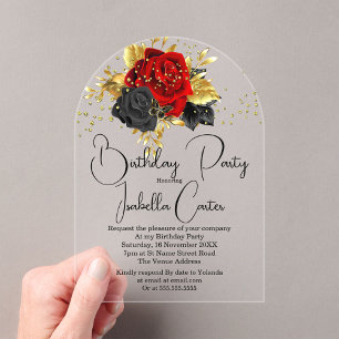Elegant Birthday Party Red Gold Black Flowers Acrylic Invitations