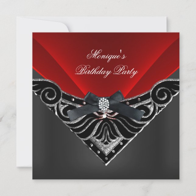 Elegant Birthday Party Red Silver Black Diamond Invitation (Front)