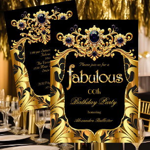 Elegant Birthday Party Silk Gold Black Damask Gems Invitation