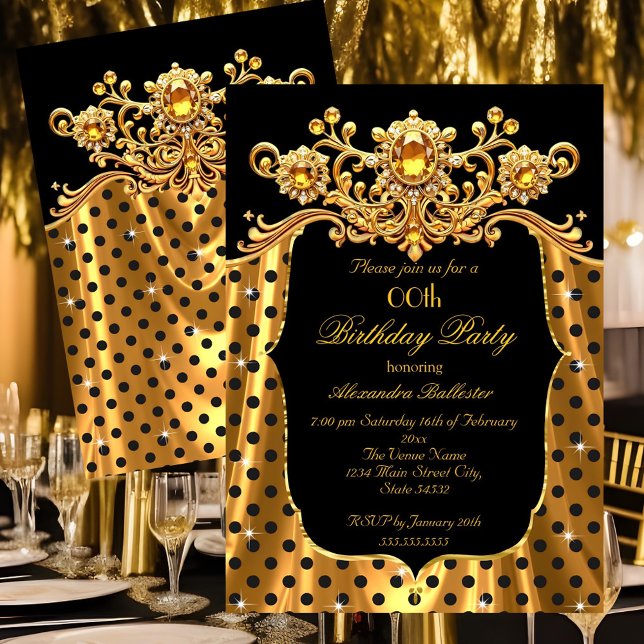 Elegant Birthday Party Silk Gold Black Polka Dots Invitation (Creator Uploaded)