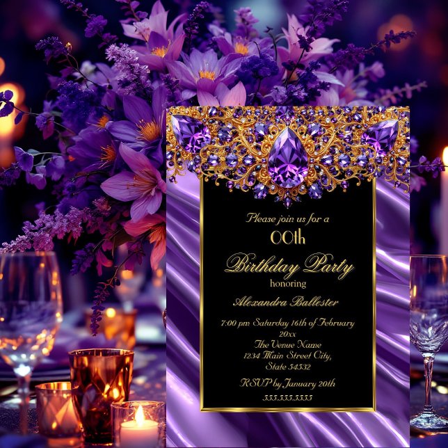 Elegant Birthday Party Silk Purple jewel Gold Invitation (Creator Uploaded)