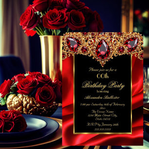 Elegant Birthday Party Silk Regal Red jewel Gold Invitation