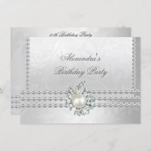 Elegant Birthday Party Silver White Diamond Pearl Invitation