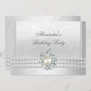 Elegant Birthday Party Silver White Diamond Pearls Invitation