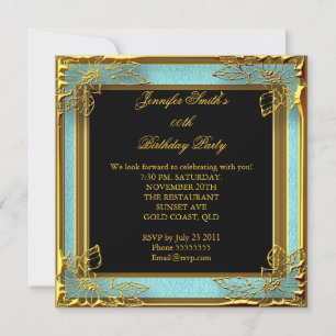 Elegant Birthday Party Teal Blue Black Gold Invitation