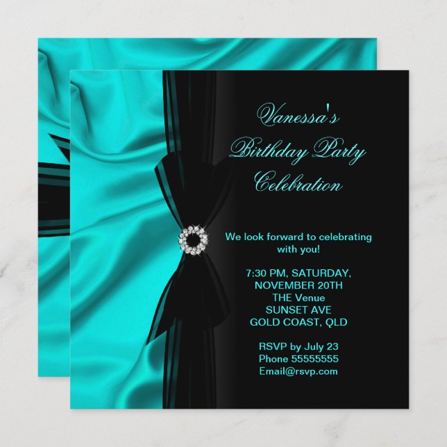Elegant Birthday Party Teal Blue Silk Black Invitation (Front/Back)