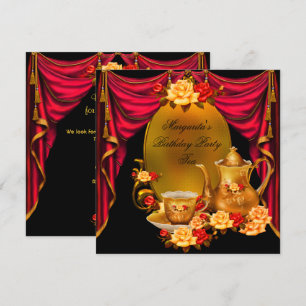 Elegant Birthday Party Vintage Tea Red Gold Roses Invitation
