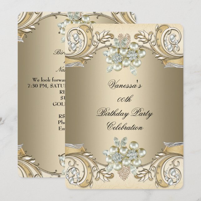 Elegant Birthday Pearl Sepia Coffee Gold Invitation (Front/Back)