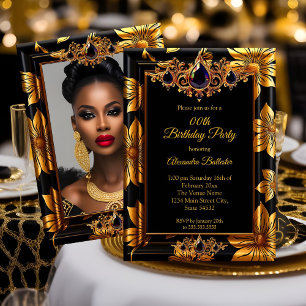 Elegant Birthday Photo Black Gold Floral Damask Invitation