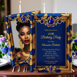 Elegant Birthday Photo Blue Gold Jewels Damask Invitation