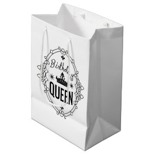 Elegant Birthday Queen Crown Typography White Medium Gift Bag