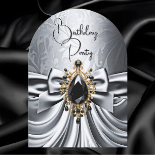 Elegant Birthday Silver Grey Gold Black Jewel Bow Invitation