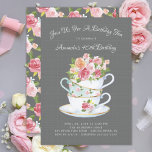 Elegant Birthday Tea Invitation<br><div class="desc">Vintage china tea cups with pretty pink florals set on a grey linen background for a birthday tea party.</div>