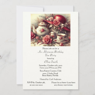 Elegant  Birthday Tea Party Red Hat  Invitation
