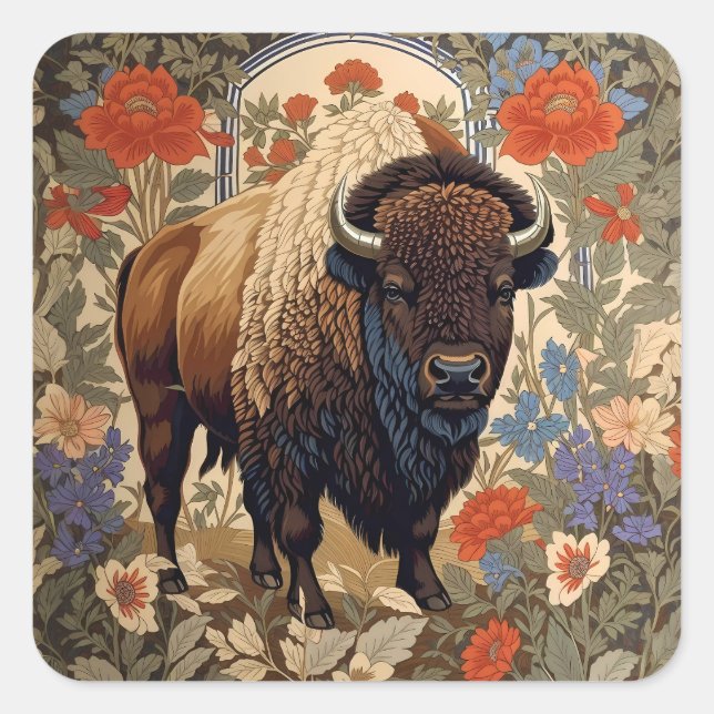 Elegant Bison William Morris Inspired Square Sticker (Front)