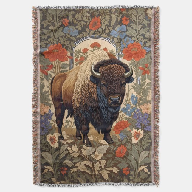 Elegant Bison William Morris Inspired Throw Blanket (Front Vertical)