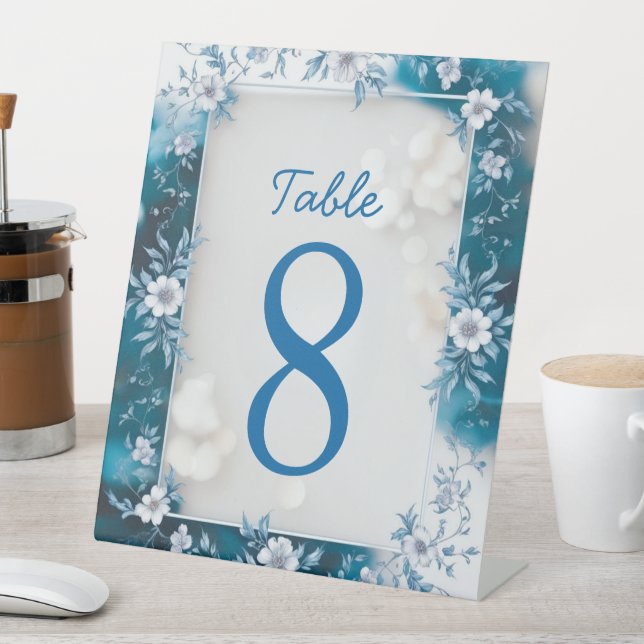 Elegant Biue & White Overlay Flowers wedding Pedestal Sign (In SItu)