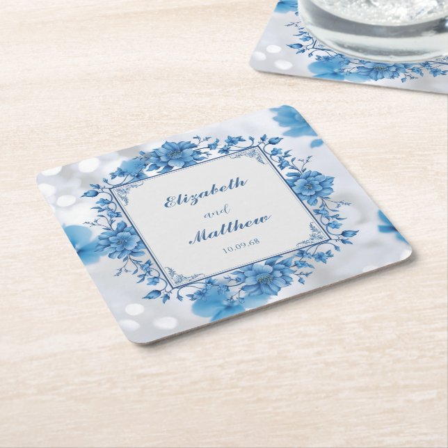 Elegant Biue & White Overlay Flowers wedding Square Paper Coaster (Angled)
