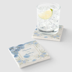 Elegant Biue & White Overlay Flowers wedding Stone Coaster