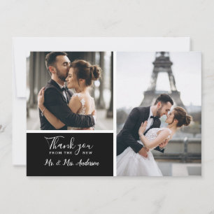 Elegant Black 2 Photo Collage Wedding Thank You Card