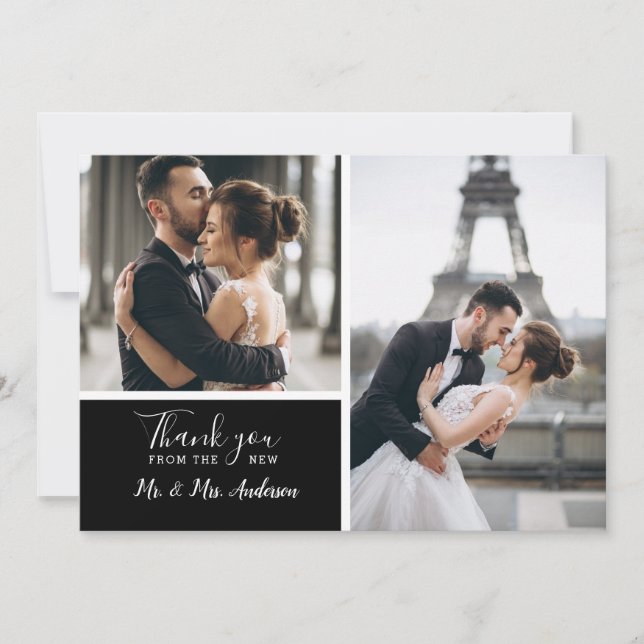 Elegant Black 2 Photo Collage Wedding Thank You Card (Front)