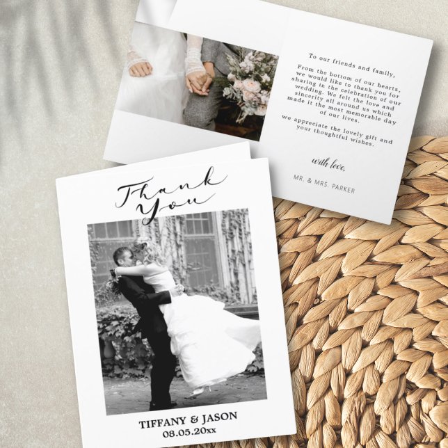 Elegant Black 2 Photo Hand Lettered Modern Simple Thank You Card (Creator Uploaded)