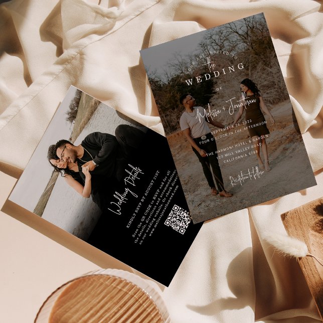 Elegant Black 2 Photo Script QR Code Wedding Invitation (Creator Uploaded)