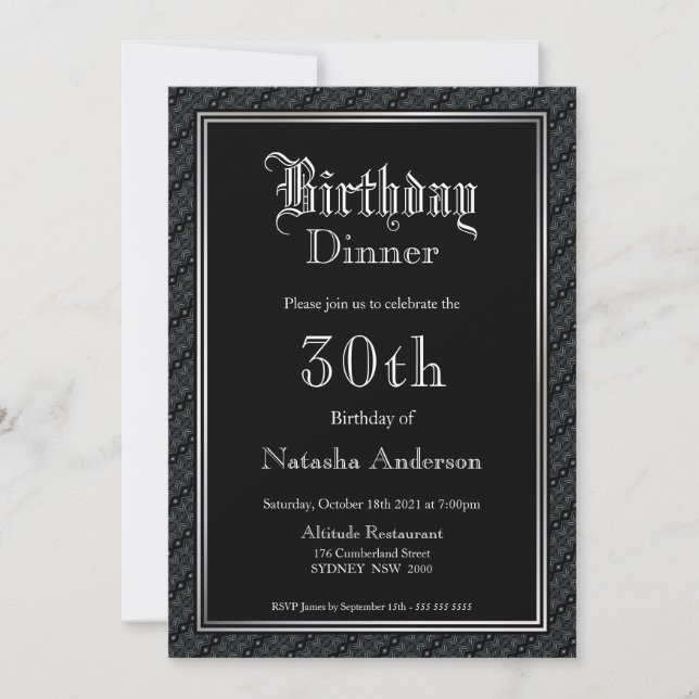 Elegant Black 30th Birthday Dinner Invitation (Front)