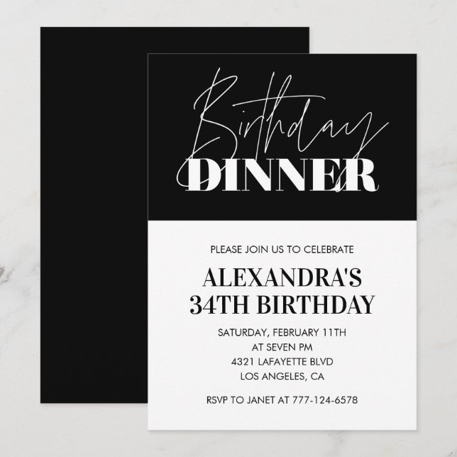 Elegant Black 34th birthday invitations Dinner  (Front/Back)