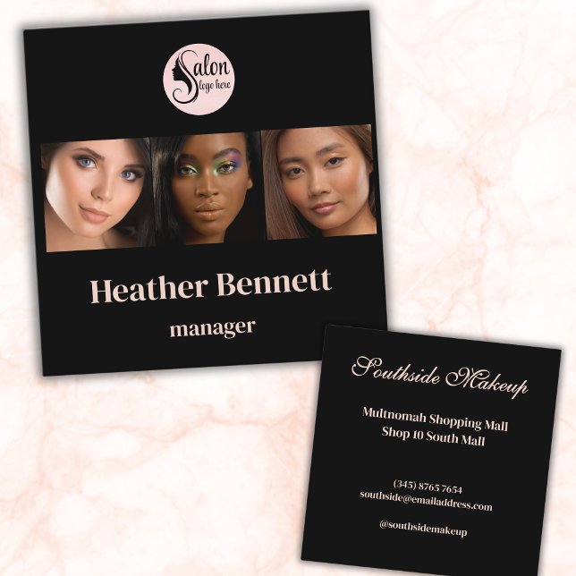 Elegant Black 3 Photo Square Makeup Artist  Business Card (Creator Uploaded)