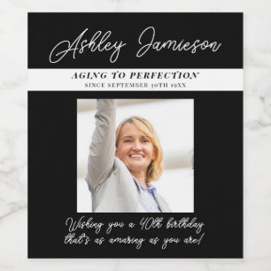 Elegant Black 40 Birthday Aged to Perfection Photo Wine Label