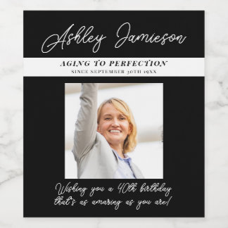 Elegant Black 40 Birthday Aged to Perfection Photo Wine Label