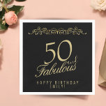 Elegant Black 50 and Fabulous 50th Birthday Napkin<br><div class="desc">Elegant Black 50 and Fabulous 50th Birthday Napkins. 50 and fabulous text in trendy golden script on black background. Personalise it with your name and your age,  and make your own elegant birthday party napkins for a woman`s birthday party.</div>