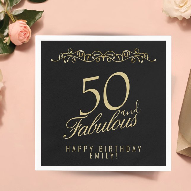Elegant Black 50 and Fabulous 50th Birthday Napkin (Creator Uploaded)