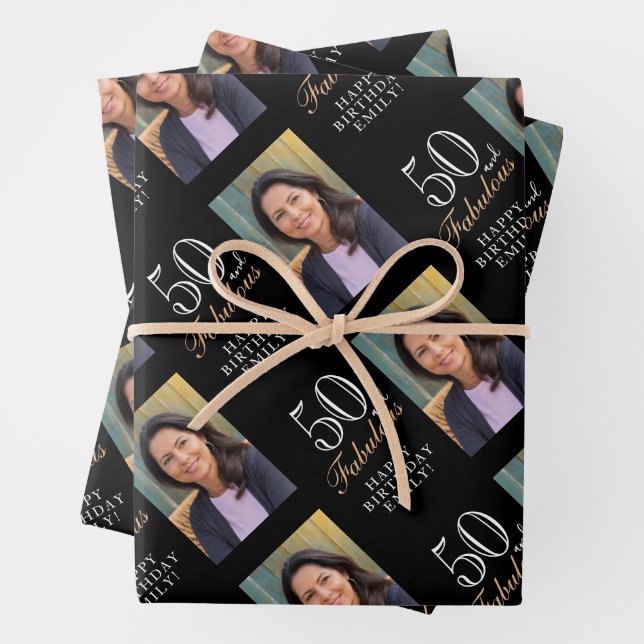 Elegant Black 50 and Fabulous 50th Birthday Photo Wrapping Paper Sheet (In situ)