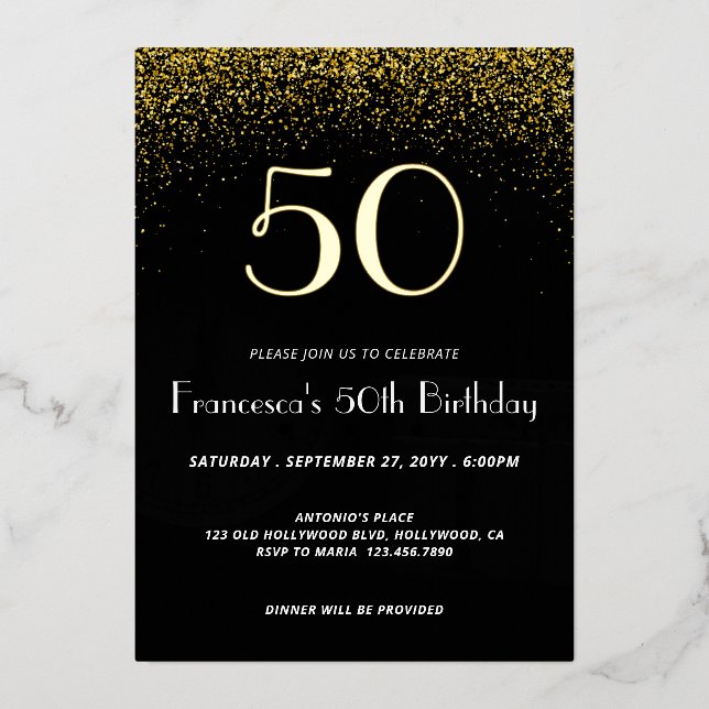 Elegant Black 50th Birthday Foil Invitation (Front)