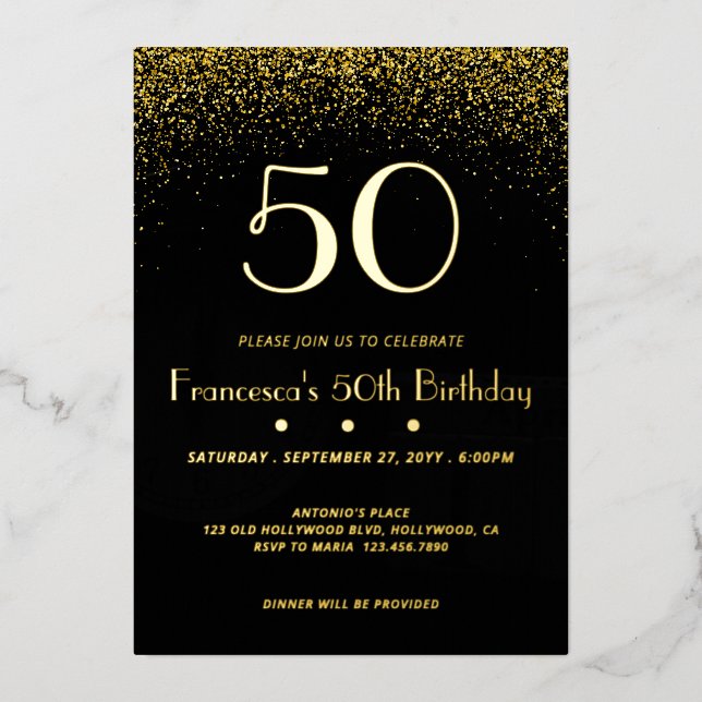 Elegant Black 50th Birthday Foil Invitation (Front)