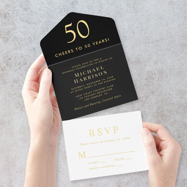 Elegant Black 50th Birthday Party All In One Invitation (Creator Uploaded)