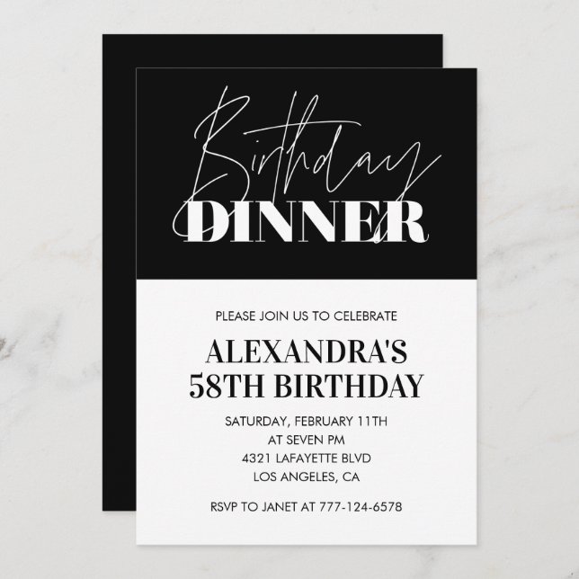 Elegant Black 58th birthday invitations Dinner  (Front/Back)