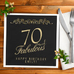 Elegant Black 70 and Fabulous 70th Birthday Napkin<br><div class="desc">Elegant Black 70 and Fabulous 70th Birthday Napkins. 70 and fabulous text in trendy golden script on black background. Personalise it with your name and your age,  and make your own elegant birthday party napkins for a woman`s birthday party.</div>