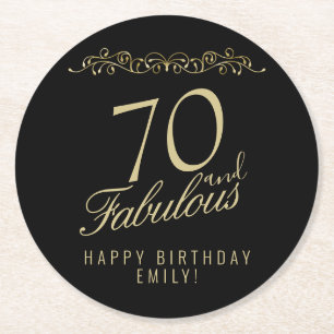 Elegant Black 70 and Fabulous 70th Birthday Party Round Paper Coaster