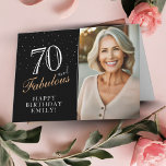 Elegant Black 70 and Fabulous 70th Birthday Photo Card<br><div class="desc">70 and Fabulous Elegant Black 70th Birthday Photo Card. 70 and fabulous text in trendy script with a name on a black background. Personalise it with your photo,  name and age. Add your text inside the card or erase it. It`s a great personalised photo card for a woman`s birthday.</div>
